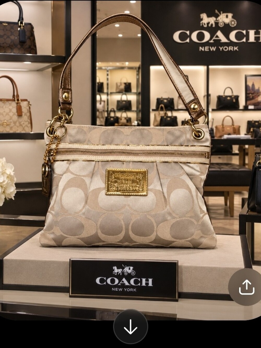 Coach Poppy Beige Signature Canvas Shoulder Bag with Aqua interior.